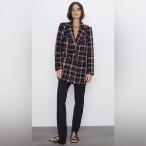 Zara Plaid Tweed Blazer Red Black White Double Button Jacket XS oversized
